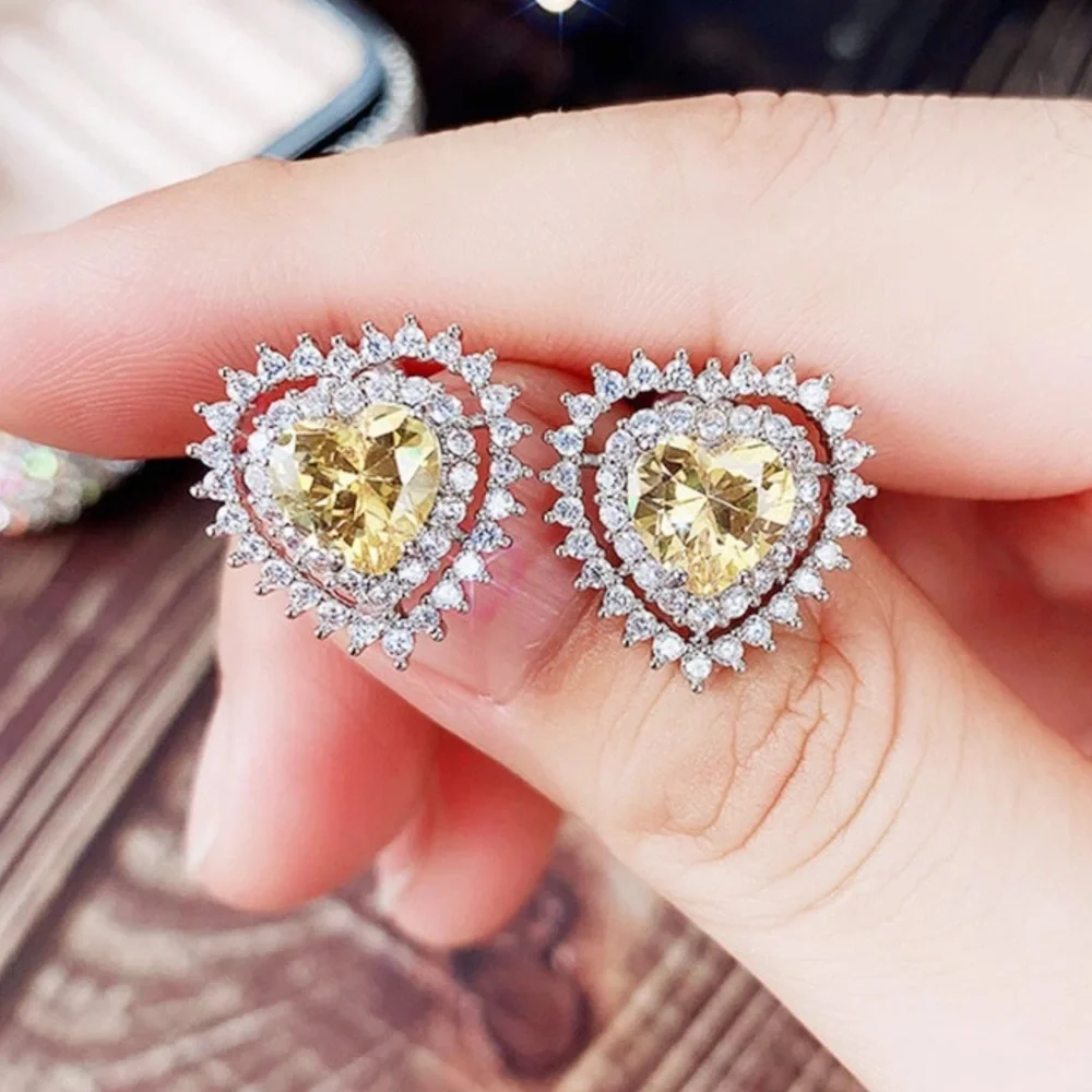 💛 Gorgeous Canary Yellow Heart shaped Studs with Sparkling Double Halo
